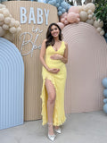 Plataz Yellow Ruffle Side Slit Flowy V-neck Bodycon Cute Baby Shower Maternity Maxi Dress Maternity