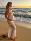 Plataz Smocked Bow Tie Side Slit Elegant Bodycon Vacation Beach Photoshoot Cute Baby Shower Maternity Maxi Dress Maternity