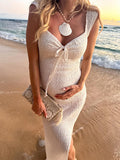 Plataz Smocked Bow Tie Side Slit Elegant Bodycon Vacation Beach Photoshoot Cute Baby Shower Maternity Maxi Dress Maternity
