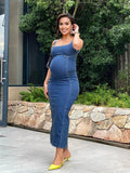 Plataz Denim Back Zipper Bodycon Fashion Daily Party Baby Shower Maternity Maxi Dress Maternity