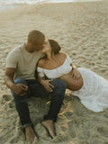 Plataz White 2-in-1 Lace Cut Out Off Shoulder Tie Elegant Flowy Vacation Photoshoot Maternity Maxi Dress Maternity