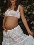 Plataz White 2-in-1 Lace Cut Out Off Shoulder Tie Elegant Flowy Vacation Photoshoot Maternity Maxi Dress Maternity