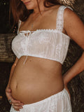 Plataz White 2-in-1 Lace Cut Out Off Shoulder Tie Elegant Flowy Vacation Photoshoot Maternity Maxi Dress Maternity