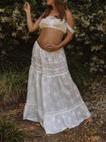 Plataz White 2-in-1 Lace Cut Out Off Shoulder Tie Elegant Flowy Vacation Photoshoot Maternity Maxi Dress Maternity