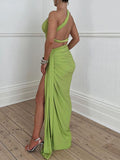 Plataz One Shoulder Cut Out Side Slit Draped Ruched Bodycon Fashion Vacation Photoshoot Maternity Maxi Dress Maternity