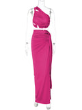 Plataz One Shoulder Cut Out Side Slit Draped Ruched Bodycon Fashion Vacation Photoshoot Maternity Maxi Dress Maternity
