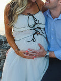 Plataz White 2-in-1 Cake Ruffle Tie Cute Elegant Flowy Vacation Baby Shower Photoshoot Maternity Maxi Dress Maternity