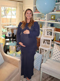 Plataz Navy Blue Off Shoulder 3D Flowers Flare Sleeve Mermaid Bodycon Photoshoot Baby Shower Maternity Maxi Dress Maternity