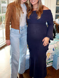 Plataz Navy Blue Off Shoulder 3D Flowers Flare Sleeve Mermaid Bodycon Photoshoot Baby Shower Maternity Maxi Dress Maternity