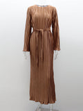 Plataz Brown Pleated Ruffle Belted Elegant Photoshoot Baby Shower Maternity Maxi Dress Maternity