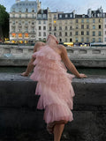 Plataz Pink Ruffle Tulle Halter Neck Backless Irregular Babyshower Maternity Mini Dress Maternity
