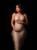 Plataz Beige Sparkly Diamond Rhinestone Mesh Tassel Sheer Bodycon Elegant Photoshoot Maternity Midi Dress Maternity