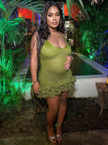 Plataz Green Sheer Crochet Hollow Out Ruffle Falbala Cami V-neck Cute Maternity Photoshoot Baby Shower Mini Dress Maternity
