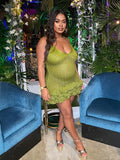Plataz Green Sheer Crochet Hollow Out Ruffle Falbala Cami V-neck Cute Maternity Photoshoot Baby Shower Mini Dress Maternity