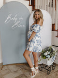 Plataz Blue Floral Ruched Off Shoulder A-line Puff Sleeve Sweet Going Out Maternity Photoshoot Baby Shower Mini Dress Maternity