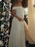 Plataz Ivory White Two Piece Set Off Shoulder Ruffle Falbala Bodycon Elegant Maternity Boho Photoshoot Baby Shower Maxi Dress Maternity