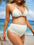 Plataz White Ruffle Halter Neck Tie Back Beach Vacation Three Pieces Bikinis Maternity Swimwear Maternity