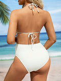 Plataz White Ruffle Halter Neck Tie Back Beach Vacation Three Pieces Bikinis Maternity Swimwear Maternity