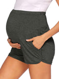 Plataz Solid Color Over The Belly Side Slits Pockets High Waisted Workout Cozy Pants Casual Maternity Shorts Maternity