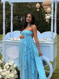 Plataz Blue Bandeau Strapless Ruffle Falbala Draped Big Swing Elegant Maternity Baby Shower Maxi Dress Maternity