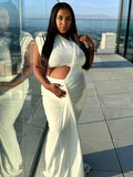 Plataz White Irregular Ruched Ruffle Falbala Draped Bodycon Elegant Maternity Baby Shower Maxi Dress Maternity