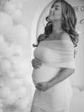 Plataz Light Blue Mesh Off Shoulder Ruched Mermaid Elegant Maternity Baby Shower Maxi Dress Maternity