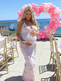 Plataz Pink Knit 3D Flowers Cami Backless Elegant Maternity Baby Shower Maxi Dress Maternity