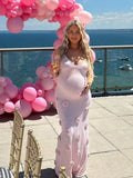 Plataz Pink Knit 3D Flowers Cami Backless Elegant Maternity Baby Shower Maxi Dress Maternity