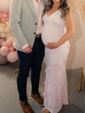 Plataz Pink Knit 3D Flowers Cami Backless Elegant Maternity Baby Shower Maxi Dress Maternity