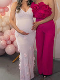Plataz Pink Knit 3D Flowers Cami Backless Elegant Maternity Baby Shower Maxi Dress Maternity