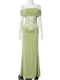 Plataz Off Shoulder Lace Sheer Splicing Ruched Baby Shower Maternity Maxi Dress Maternity