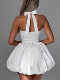 Plataz White Corset Puffball Lace-up Back Backless Square Halter Neck A-line Elegant Maternity Baby Shower Mini Dress Maternity