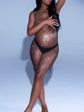 Plataz Off Shoulder Fishnet Rhinestone Clubwear Beach Cover Up Photoshoot Maternity Mini Dress Maternity