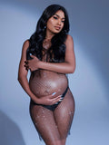 Plataz Off Shoulder Fishnet Rhinestone Clubwear Beach Cover Up Photoshoot Maternity Mini Dress Maternity