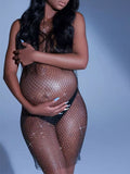 Plataz Off Shoulder Fishnet Rhinestone Clubwear Beach Cover Up Photoshoot Maternity Mini Dress Maternity