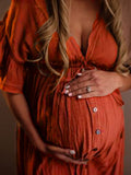 Plataz Red Drawstring Single Breasted Ruffle Tie Back Maternity Photoshoot Maxi Dress Maternity