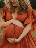 Plataz Single Breasted Drawstring Ruffle Tie Back Red Maternity Photoshoot Maxi Dress Maternity