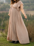 Plataz Khaki Bohemian Drawstring Single Breasted Maternity Photoshoot Baby Shower Maxi Dress Maternity