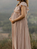 Plataz Khaki Bohemian Drawstring Single Breasted Maternity Photoshoot Baby Shower Maxi Dress Maternity