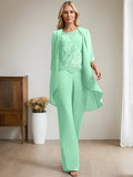Plataz Jumpsuit/Pantsuit Scoop Floor-Length Chiffon Lace Mother of the Bride Dress With Beading HZ1007