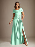 Plataz Scoop Floor-Length Stretch Satin Mother of the Bride Dress With Cascading HZ1007
