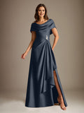 Plataz Scoop Floor-Length Stretch Satin Mother of the Bride Dress With Cascading HZ1007
