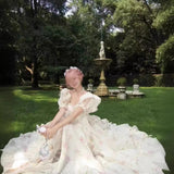 Plataz 2025 New Fugitive Princess French Retro Niche Design Chopped Flowers Tailed Collar Bubble Sleeve Dress