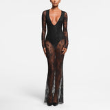 Plataz Women's Deep V Lace Splicing Line Bottom Sexy Long Dress DJPT