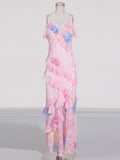 Plataz Colored Sling Skirt 2025 Summer New Fashion V-Neck Sleeveless Print Lotus Leaf-Side Dress Woman
