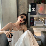 Plataz Desire Blue Folded Seaside Vacation Sling Dress Women Summer Sanya Tour Wearing Pictures Beach Long Skirts