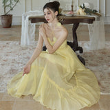 Plataz New Niche Design High-End Tea Break French Seaside Holiday Yellow Hanging Neck Dress