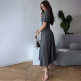 Plataz 2025 New Solid Color Collar Short Sleeve Zipper Casual Commuter Dress