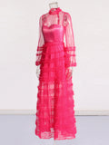 Plataz Elegant High-End Dress Women's New Spring 2025 Round Lace Splicing Perspective Mesh Yarn Cake Dress