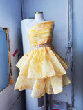 Plataz Oblique Shoulder Small Dress Holiday Wind Shoulder Pressure Folding With Hollow Print Ponbo Cake Skirt Skirt Tide